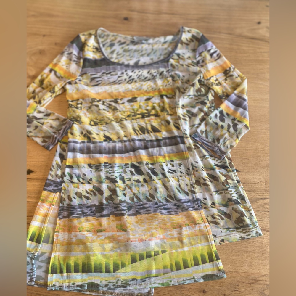 Lynn Ritchie‎ Gray Yellow Pleated 3/4 Sleeve Tunic Women’s Preloved